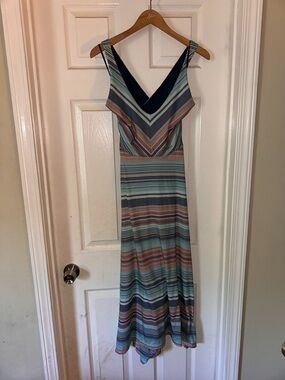 Prana Striped V-Neck Maxi Dress in Blue, Tan, and Gray